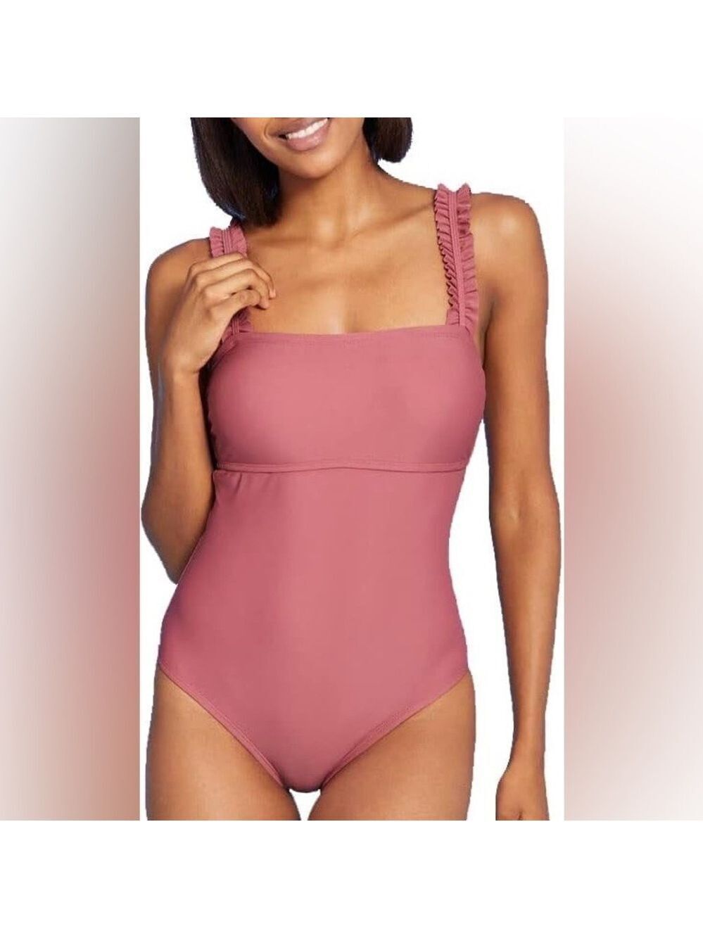 Kona Sol Square Neck Ruffle Shoulders Medium Coverage One Piece Swimsuit. Size L